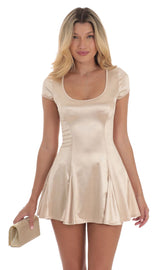 Satin Back Bow Flare Dress in Champagne